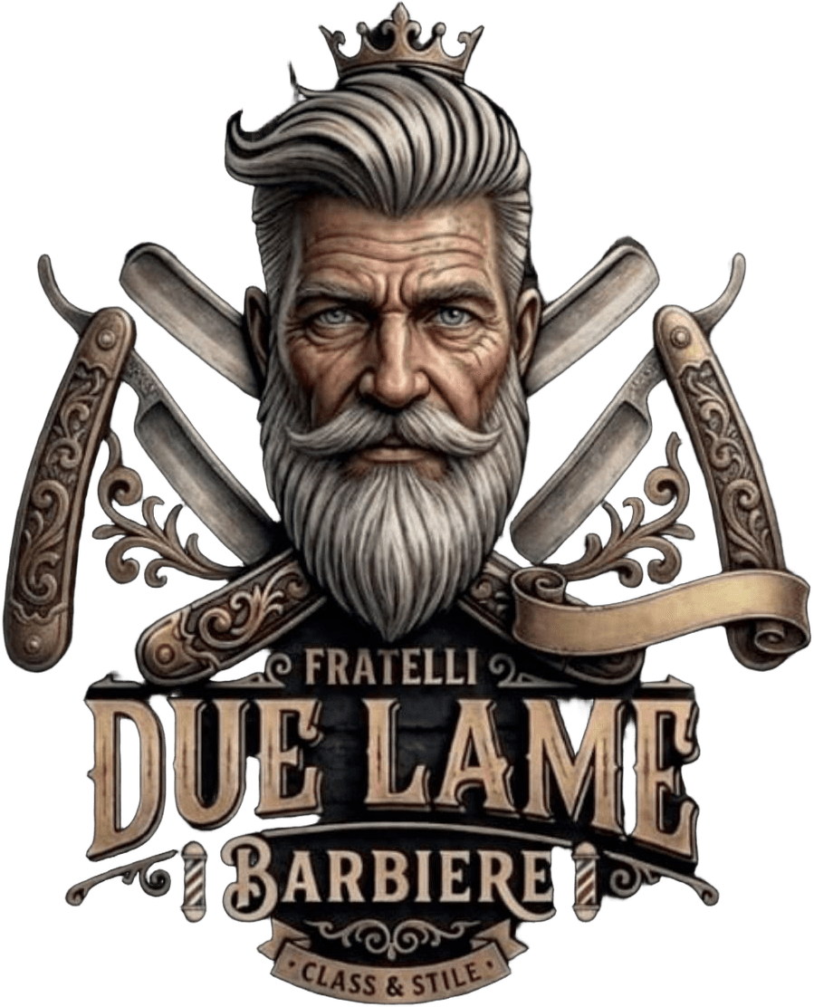Logo Fratelli Due Lame Barbiere, Class & Stile: un barbiere con la corona e due rasoi incrociati